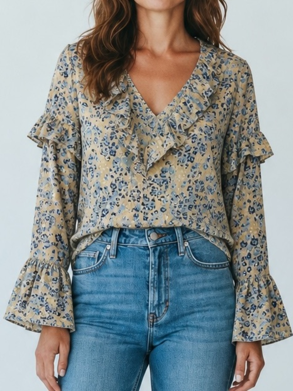 NASTY GAL top size 8, tan with blue floral, Vneck with ruffles, peasant sleeves.